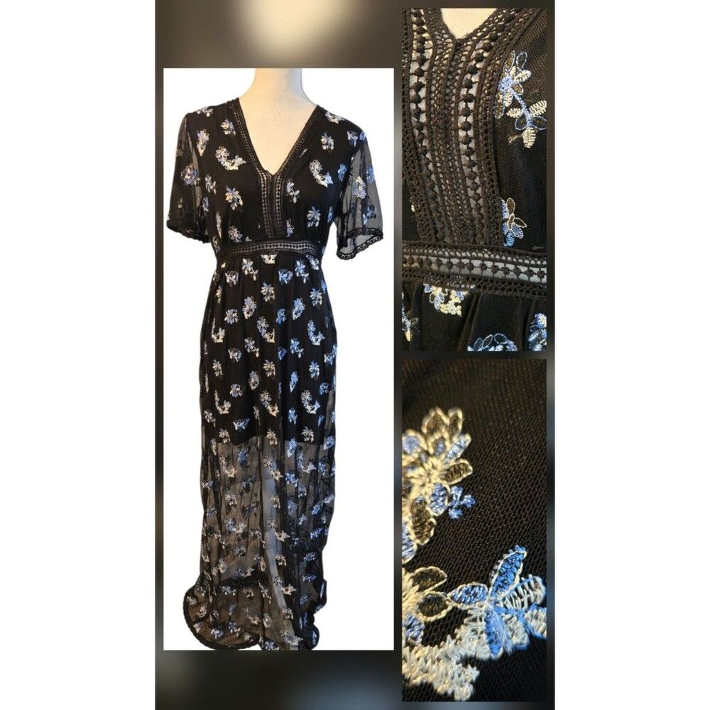 Anthropologie Willow & clay Lace Sheer Dress Embroidered Sz S Floral Black/blue